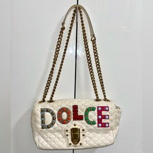 DOLCE & GABBANA Lambskin Watersnake Embellished Lucia Quilted White Shoulder Bag